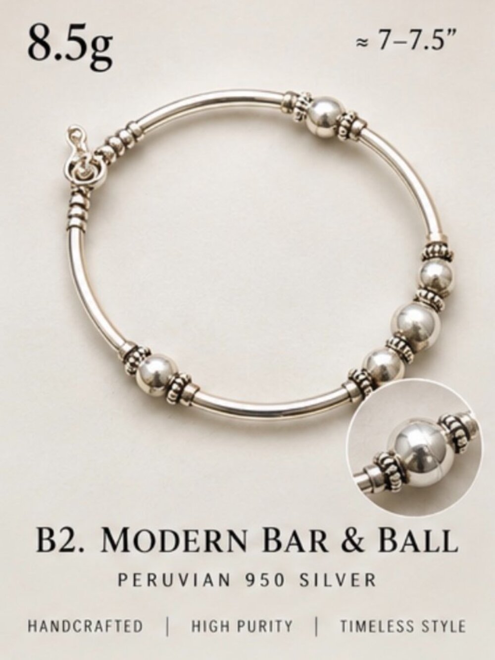 Peruvian 950 Silver Ball & Bar Bracelet 8.5g